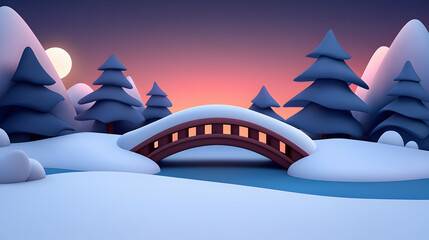 Snowy Winter Landscape with Bridge at Sunset