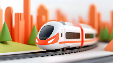 White and Orange High Speed Train Model in a Stylized Cityscape