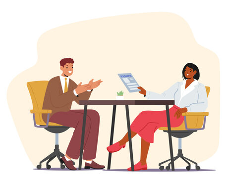 Man job seeker presenting filled resume form to woman company HR manager during interview meeting