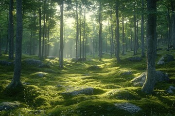 Obraz premium A lush green forest bathed in soft and warm sunlight
