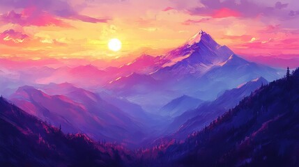 Fototapeta premium Colorful landscape painting shows mountain range at sunset with vibrant