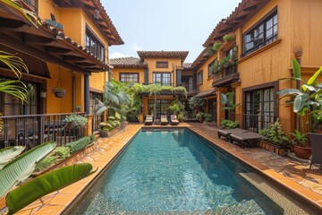 Fototapeta premium A luxurious courtyard featuring a swimming pool and elegant architecture
