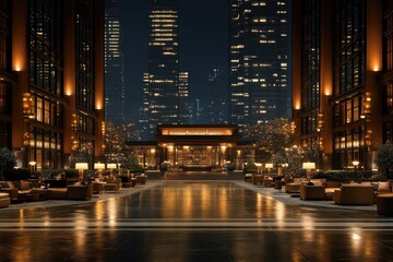 Naklejka premium A luxurious hotel entrance lit up at night in a city