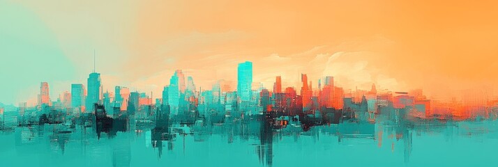 Obraz premium Abstract cityscape illustration with teal buildings and orange sky background.