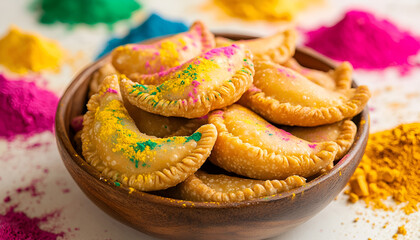 Delicious traditional indian sweets like gujiya for holi celebration. concept of festive cuisine, cultural traditions, joyful colors, tandoori flavors