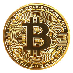 Shiny Golden Bitcoin Cryptocurrency Coin Isolated on Transparent Background