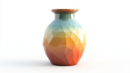 A colorful geometrically faceted decorative vase against a white background
