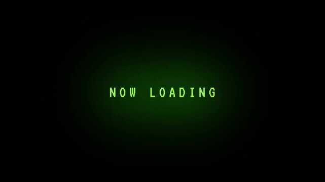 Loading Screen with green glowing "Now Loading" text, Abstract loading backdrop, System or AI starting up, Program, event or Game Starting, Technology and Presentation Background.