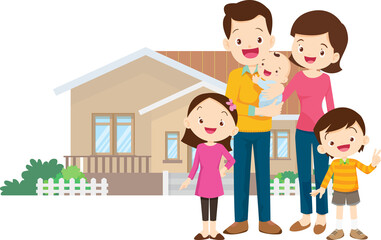 family and home.Happy family in front of their house.Father, mother, son and daughter grandparent outdoors.