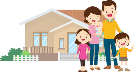 family and home.Happy family in front of their house.Father, mother, son and daughter grandparent outdoors.