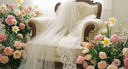 Elegant vintage armchair adorned with flowing bridal veil and delicate lace, surrounded by blooming pastel roses and tulips, creating a romantic and dreamy atmosphere in a bright room