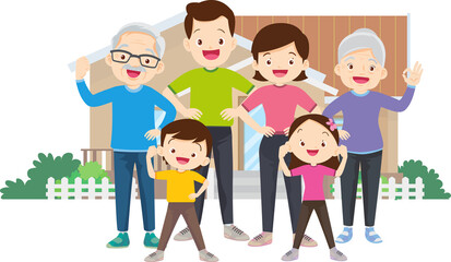 family and home.Happy family in front of their house.Father, mother, son and daughter grandparent outdoors.