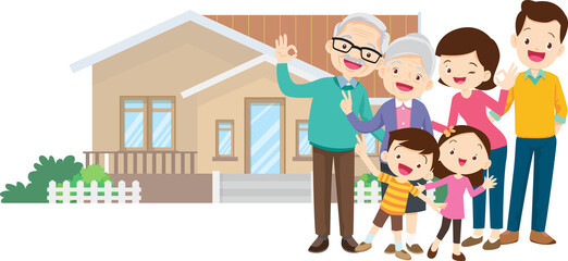 family and home.Happy family in front of their house.Father, mother, son and daughter grandparent outdoors.
