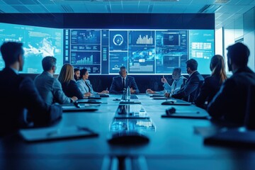 A corporate leadership team in a high-tech boardroom, conducting a crisis management meeting, with real-time data feeds and communication tools displayed on interactive screens.