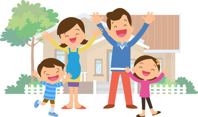 Obraz premium family and home.Happy family in front of their house.Father, mother, son and daughter grandparent outdoors.