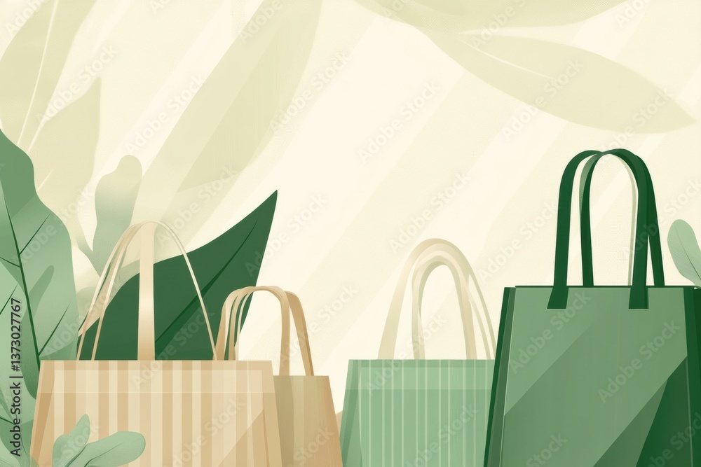 Poster modern background showcasing reusable grocery bags with sustainable packaging in green and beige ton