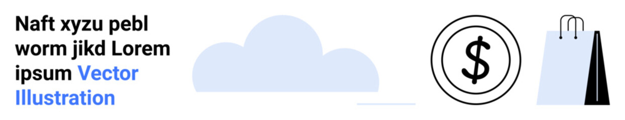 Shopping bag and dollar icon next to a cloud graphic, symbolizing digital shopping, online store, payments, business, retail, services, internet transactions, simple landing page