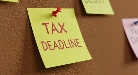 Bright green sticky note with bold text 'TAX DEADLINE' prominently displayed, conveying urgency and importance, pinned on a textured brown corkboard background