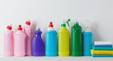 Colorful cleaning supplies lined up beside neatly folded towels conveying a sense of readiness for spring cleaning events