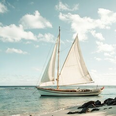 Naklejka premium Sailboat on water next to sandy beach, blue sky above