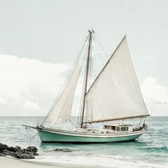 Fototapeta premium A sailboat bobbing on a turbulent sea with a craggy coastline in the backdrop on an overcast day