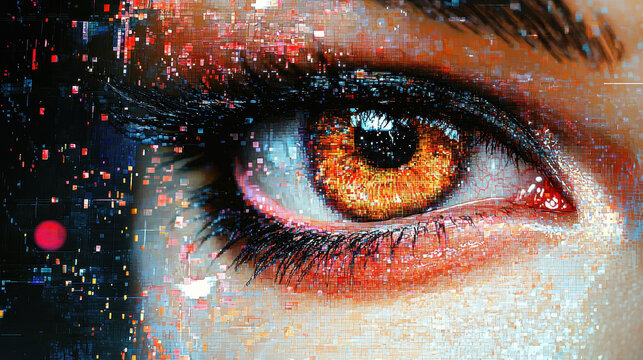 Close-up of a glitched eye showcasing hyperrealism and digital distortion in vibrant colors