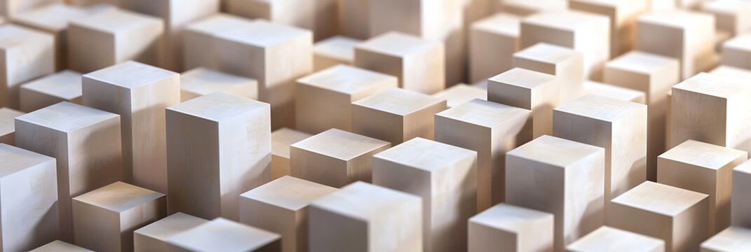 Abstract background formed by varying height wooden blocks arranged like a miniature city skyline or sound diffuser. Natural wood texture, geometric pattern.

