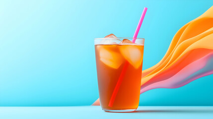 Iced Tea in Glass with Pink Straw on Blue Background