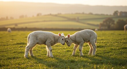 Fototapeta premium Two playful lambs butt heads in a sunlit green pasture, capturing a joyful and serene moment of springtime bliss