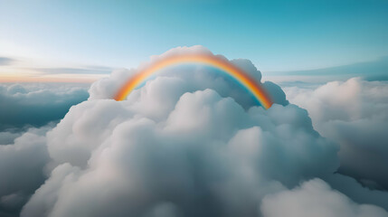 Rainbow Arcing Over Fluffy White Clouds In A Vivid Blue Sky