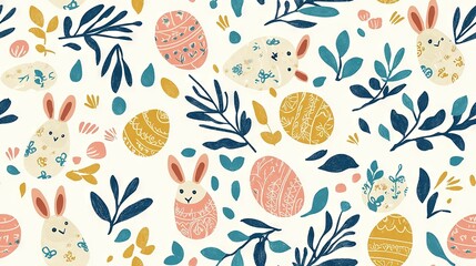   White background with colorful bunny-shaped eggs and plants