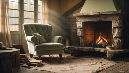 Cozy living room with burning fireplace and comfortable armchair