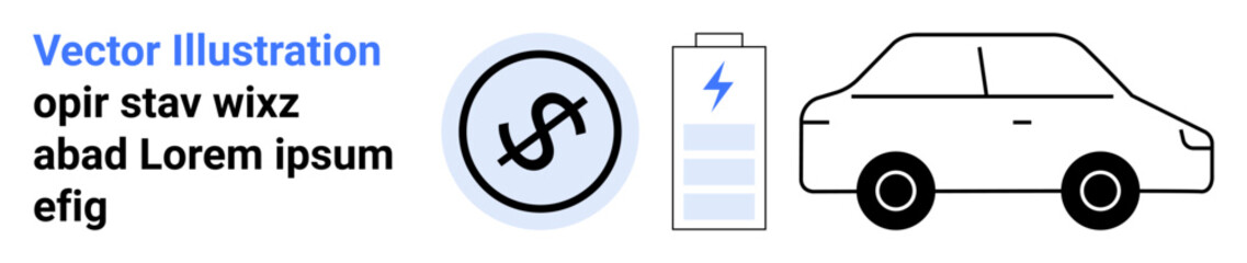 Car outline, dollar sign inside a circle, and battery with lightning bolt emphasizing electric vehicle charging, energy efficiency, and cost management. Ideal for sustainability, innovation