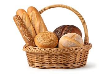 Fresh bread assortment in wicker basket isolated on white background