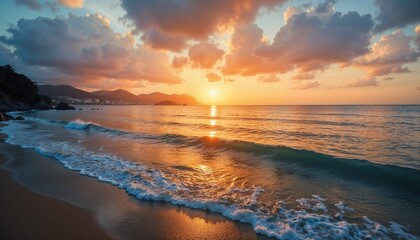 Obraz premium Serene sunset over calm ocean waves on a sandy beach 