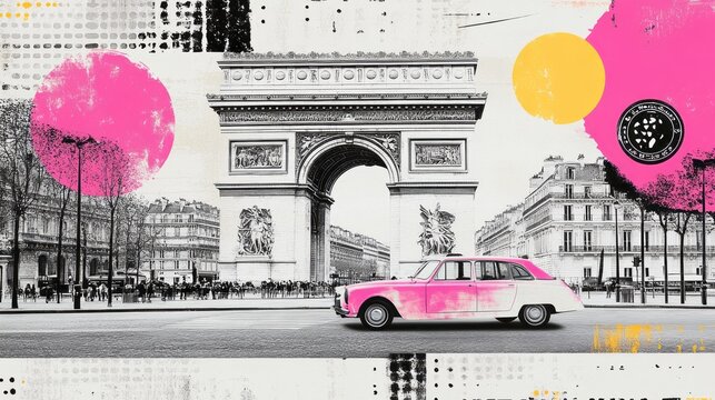 Artistic rendering of paris featuring iconic arch and pink car