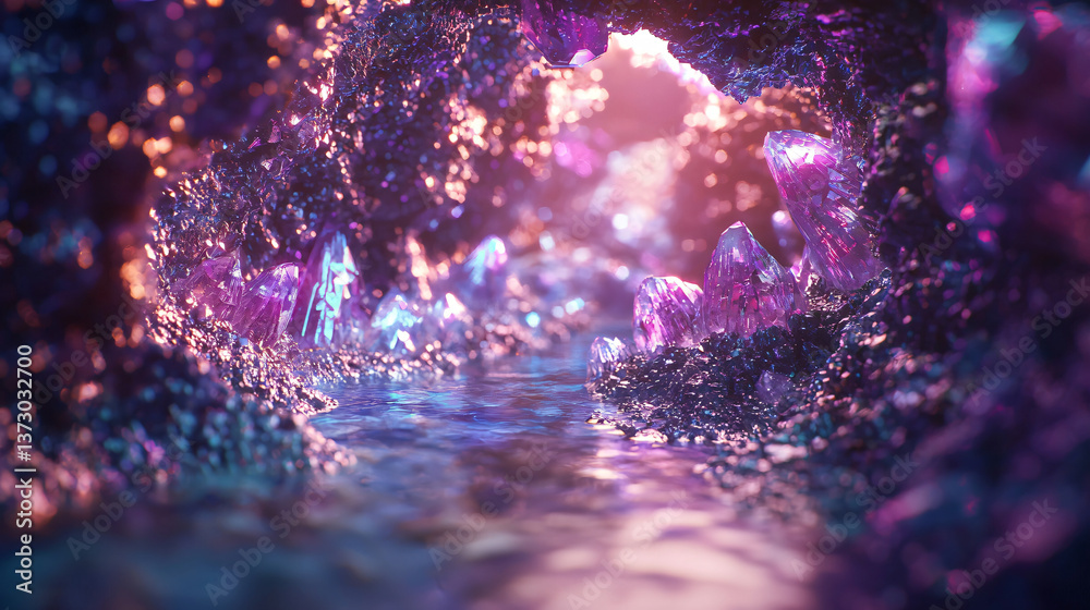 Poster mysterious tunnel with a bright light shining through at the end creating a soft ambient glow in a f