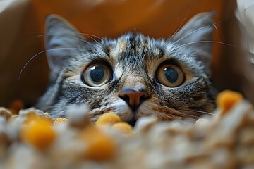 Close up portrait of curious calico cat with bright blue eyes peeking over yellow flowers, selective focus on feline face against blurred brown background.