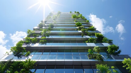 Modern sustainable skyscraper with vertical gardens and green plants on balconies, viewed from below against a bright sun and blue sky. Eco-friendly architecture.
