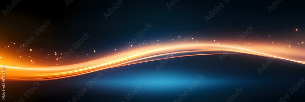 Poster glowing orange wave with sparkles flows across dark blue background creating dynamic motion effect f