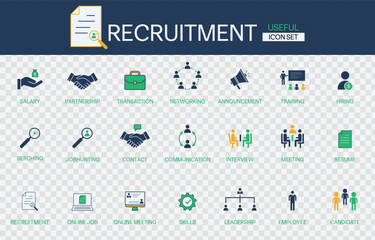 Collection of the most useful icon sets for the recruitment. Meeting, resume, circular, online job, online meeting, skills, leadership, hiring and vector illustration on transparent background  © Sohag sarkar