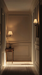 Fototapeta premium Softly lit hallway with a small table and light fixture in an elegant setting