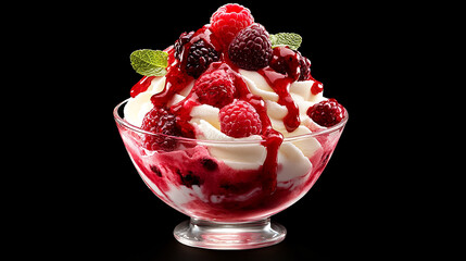 Photo of ice cream in an elegant glass bowl with a red and pink berry sauce on the bottom and white vanilla ice cream on top, topped with two large fresh raspberries and mint leaves