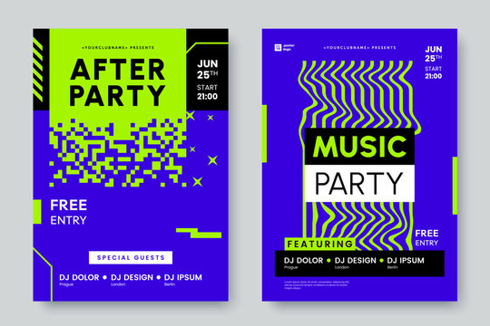 Abstract modern poster design for club party. Invitation flyer for music event. After party announcement. Glitch geometric background in acid colors. Vector illustration
