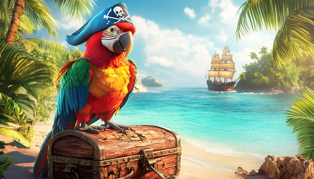 Vibrant pirate parrot on treasure chest by ocean. concept of adventure, tropical wildlife, nautical exploration, caribbean fantasy, Funny animal, humor