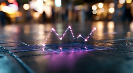 Glowing neon line graph chart with purple and blue light effects on reflective surface against blurred bokeh background, showing business analytics and data visualization.