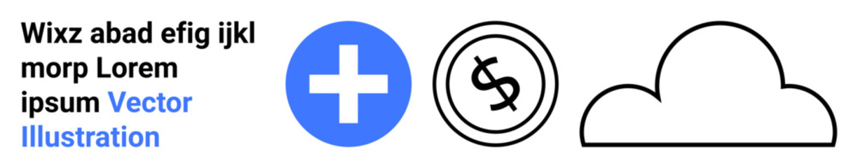 Blue medical cross, dollar coin icon, and cloud symbol combine concepts of healthcare, finance, and technology. Ideal for medical savings plans, digital health, cloud storage, insurance online