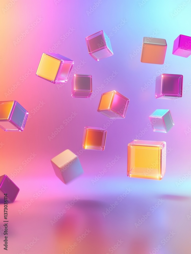 Poster Colorful 3D cubes floating in a futuristic minimalistic background with soft reflections and neon gradients
