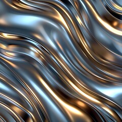 Abstract background of flowing, wavy liquid metal texture with smooth, reflective silver and golden highlights. Luxurious and elegant surface.