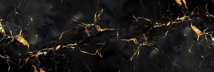 Luxurious black marble texture background featuring intricate, contrasting golden veins resembling cracks or lightning. Elegant surface pattern design.

